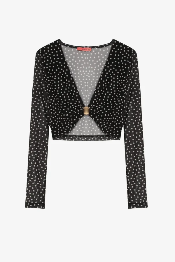 Siyah Puantiyeli Tül Crop Bluz