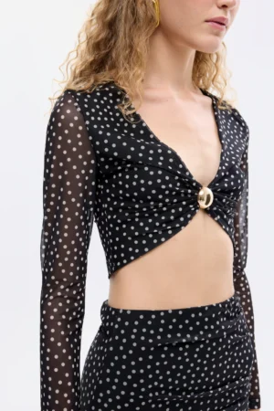 Siyah Puantiyeli Tül Crop Bluz