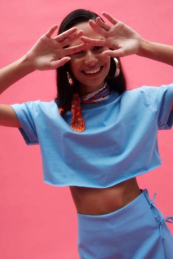 Bebe Mavi Kısa Kollu Crop T-Shirt