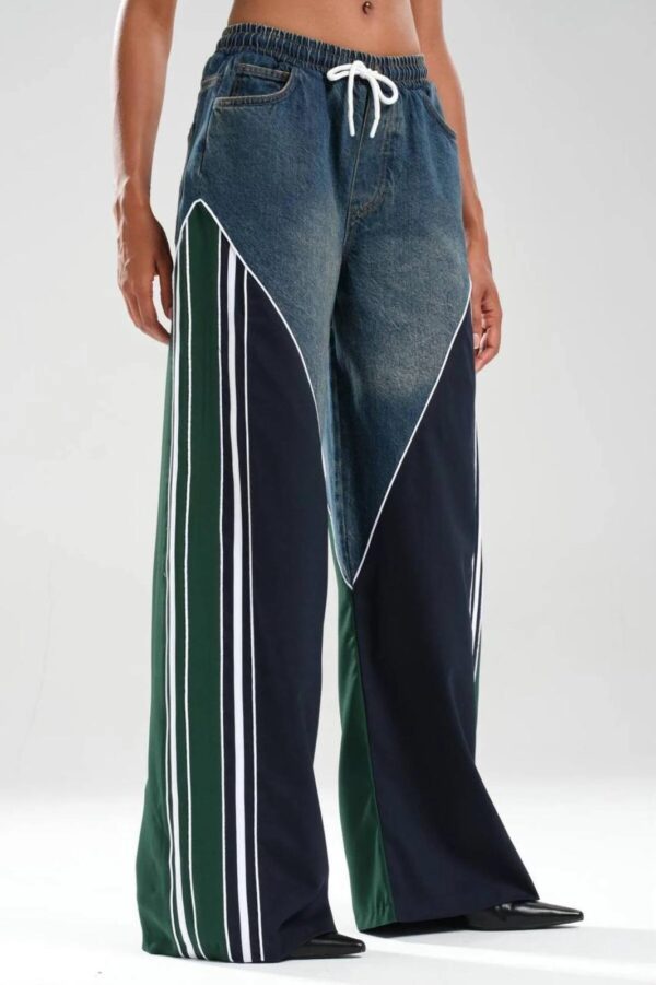 Şerit Detaylı Wide Leg Jean Pantolon