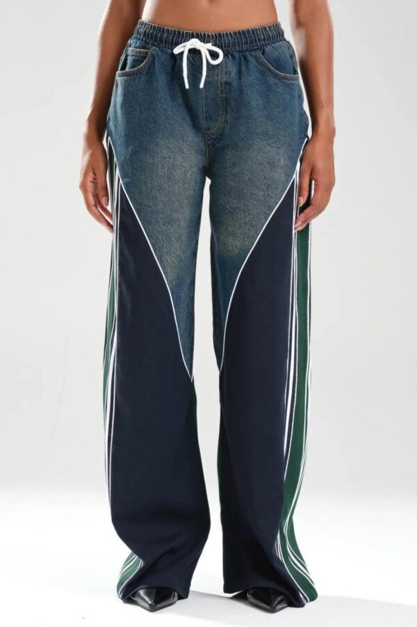 Şerit Detaylı Wide Leg Jean Pantolon