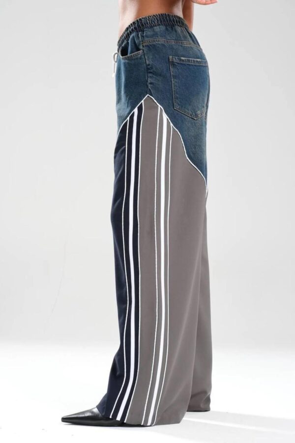 Gri Şerit Detaylı Wide Leg Jean Pantolon