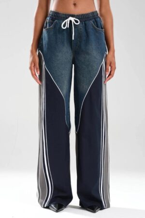 Gri Şerit Detaylı Wide Leg Jean Pantolon