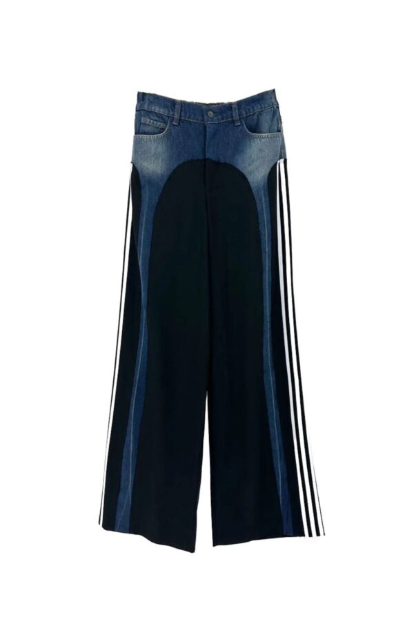 Şerit Detaylı Denim Garnili Wide Leg Pantolon