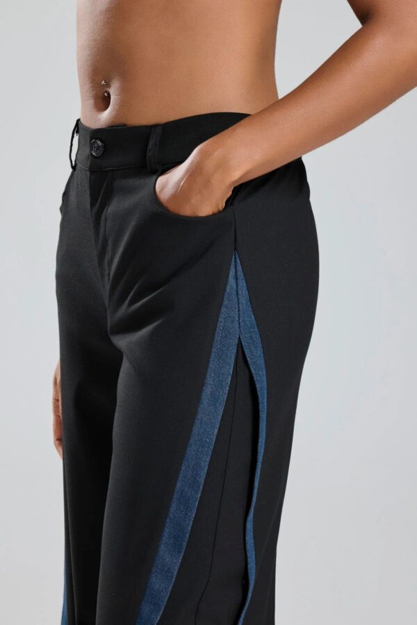 Siyah Şerit Detaylı Denim Garnili Wide Leg Pantolon