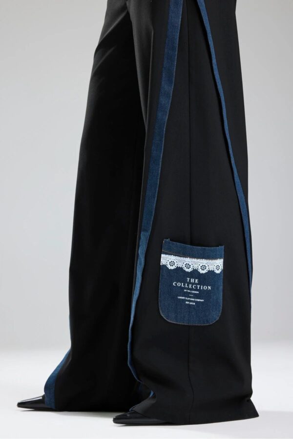 Siyah Şerit Detaylı Denim Garnili Wide Leg Pantolon