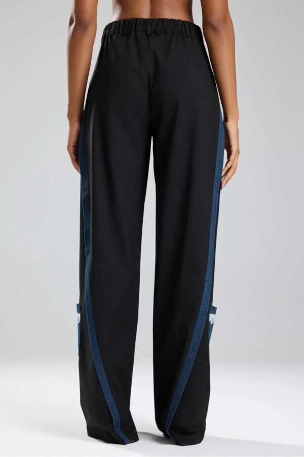 Siyah Şerit Detaylı Denim Garnili Wide Leg Pantolon