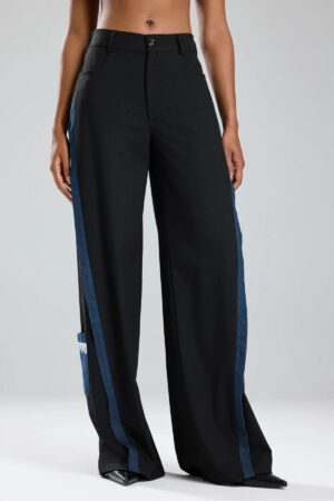 Siyah Şerit Detaylı Denim Garnili Wide Leg Pantolon