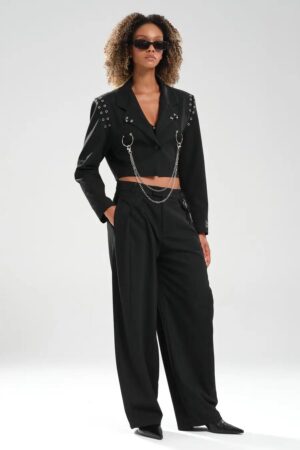 Siyah Aksesuar Detaylı Wide Leg Pantolon