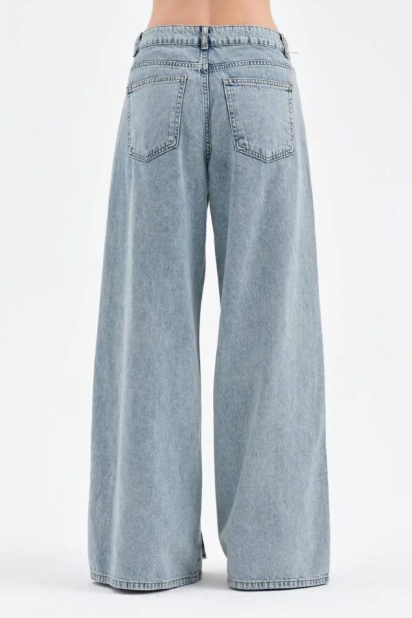 Açık Mavi Yan Düğme Detaylı Wide Leg Jean Pantolon