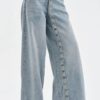 Açık Mavi Yan Düğme Detaylı Wide Leg Jean Pantolon