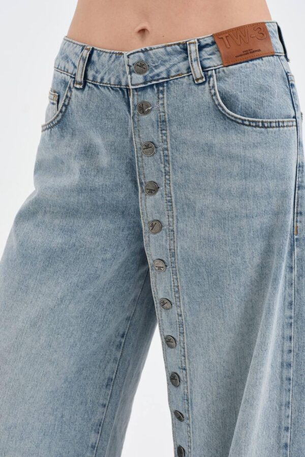 Açık Mavi Yan Düğme Detaylı Wide Leg Jean Pantolon