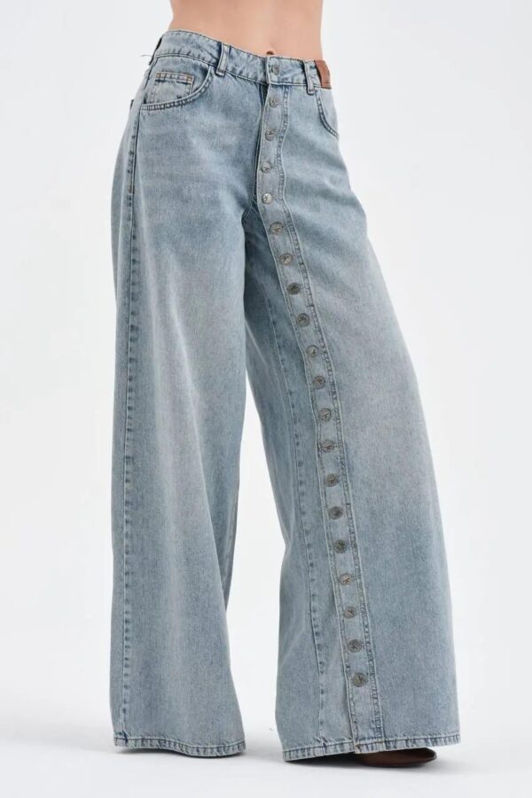 Açık Mavi Yan Düğme Detaylı Wide Leg Jean Pantolon