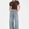 Açık Mavi Yan Düğme Detaylı Wide Leg Jean Pantolon