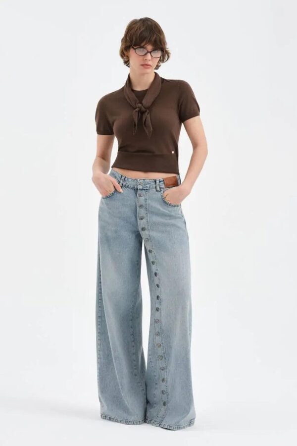 Açık Mavi Yan Düğme Detaylı Wide Leg Jean Pantolon