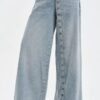 Açık Mavi Yan Düğme Detaylı Wide Leg Jean Pantolon