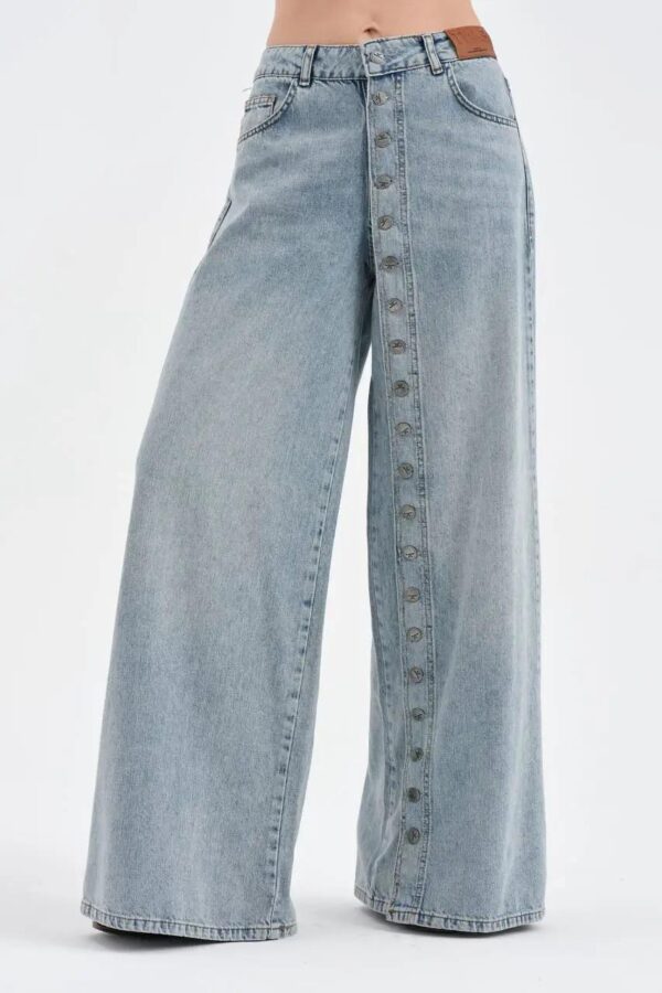 Açık Mavi Yan Düğme Detaylı Wide Leg Jean Pantolon