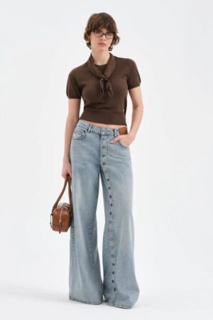 Açık Mavi Yan Düğme Detaylı Wide Leg Jean Pantolon