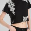 Siyah Dantel Aplikeli Crop T-Shirt