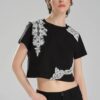 Siyah Dantel Aplikeli Crop T-Shirt