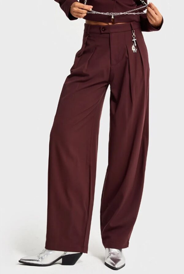 Bordo Zincir Detaylı Yüksek Bel Wide Leg Pantolon