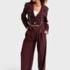 Bordo Zincir Detaylı Yüksek Bel Wide Leg Pantolon