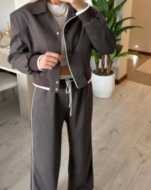 Kahverengi Çizgi Detay Yüksek Bel Wide Leg Pantolon