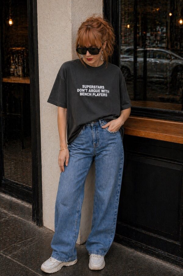Siyah Yazı Baskılı Oversize Kadın T-Shirt