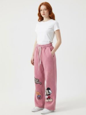 Pembe Mickey Baskılı Wide Leg Eşofman Altı