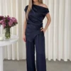 Lacivert Gold Toka Detaylı Saten Bluz-Pantolon Takım