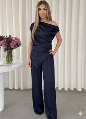 Lacivert Gold Toka Detaylı Saten Bluz-Pantolon Takım