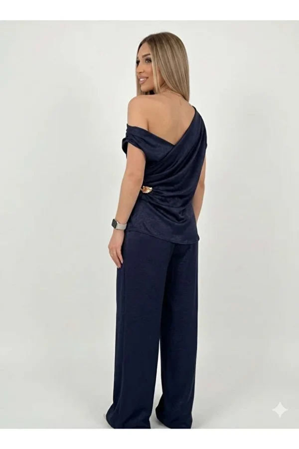 Lacivert Gold Toka Detaylı Saten Bluz-Pantolon Takım