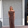 Acı Kahve Gold Toka Detaylı Saten Bluz Pantolon Takım