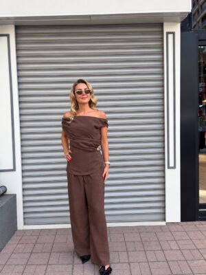 Acı Kahve Gold Toka Detaylı Saten Bluz Pantolon Takım