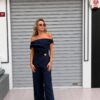 Lacivert Gold Toka Detaylı Saten Bluz-Pantolon Takım
