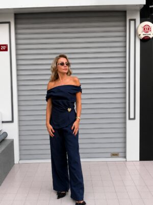Lacivert Gold Toka Detaylı Saten Bluz-Pantolon Takım