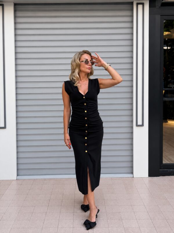 Siyah Gold Düğmeli Drape Detaylı Elbise