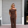 Acı Kahve Gold Toka Detaylı Saten Bluz Pantolon Takım