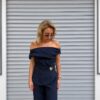 Lacivert Gold Toka Detaylı Saten Bluz-Pantolon Takım