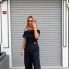 Lacivert Gold Toka Detaylı Saten Bluz-Pantolon Takım