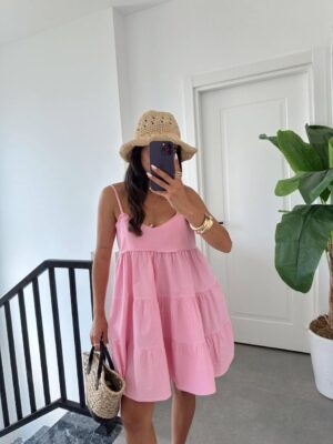 Pembe Volanlı Mini Elbise