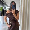 Acı Kahve Gold Toka Detaylı Saten Bluz Pantolon Takım