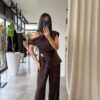 Acı Kahve Gold Toka Detaylı Saten Bluz Pantolon Takım
