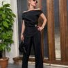 Siyah Gold Toka Detaylı Saten Bluz Pantolon Takım