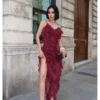 Bordo Asimetrik Kesim Fırfırlı Elbise