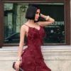 Bordo Asimetrik Kesim Fırfırlı Elbise
