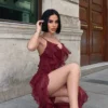 Bordo Asimetrik Kesim Fırfırlı Elbise