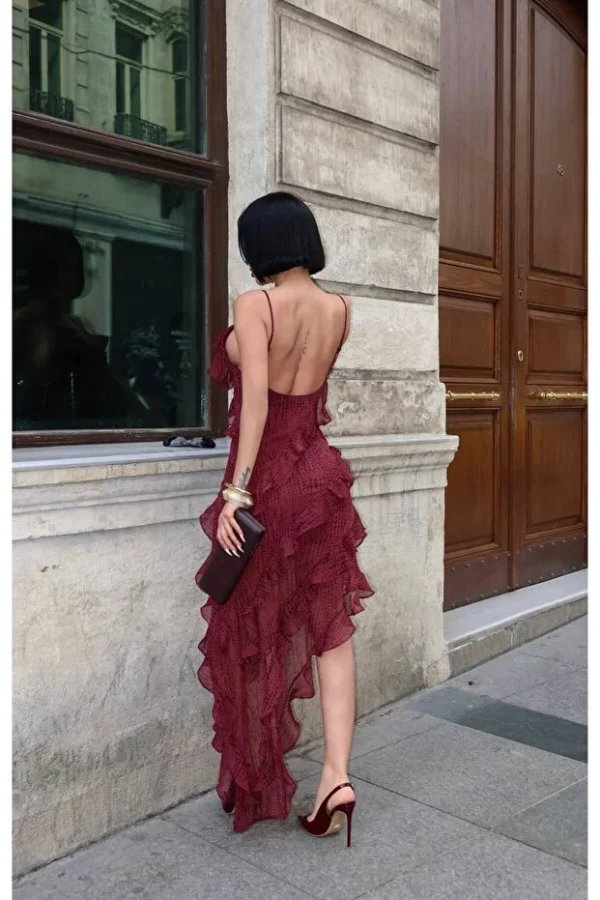 Bordo Asimetrik Kesim Fırfırlı Elbise