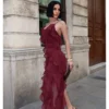 Bordo Asimetrik Kesim Fırfırlı Elbise