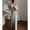 Krem Drapeli Gold Toka Detaylı Elbise